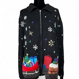 STUDIO FA LA LA Festive Black Zip-Up Sweater with Holiday Embroidery 3X